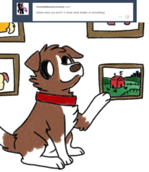 Size: 800x920 | Tagged: safe, artist:askwinonadog, winona, dog, ask winona, g4, ask, barn, female, picture frame, simple background, sitting, solo, tumblr, white background