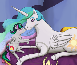 Size: 2500x2100 | Tagged: safe, artist:azurllinate, princess celestia, oc, oc:luminara, alicorn, horse, pony, g4, alicorn oc, bed, blushing, blushing profusely, boop, celestia's bedroom, cloven hooves, crown, female, filly, foal, futurehooves, high res, hoers, jewelry, legs in air, lying on bed, mare, momlestia, mother and daughter, multicolored mane, multicolored tail, mwah, next gen:futurehooves, next generation, offspring, parent and foal, parent:good king sombra, parent:king sombra, parent:princess celestia, parents:celestibra, pink eyes, princess celestia is a horse, prone, purple eyes, regalia, sitting, smiling