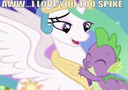Size: 597x422 | Tagged: safe, edit, edited screencap, editor:undeadponysoldier, screencap, princess celestia, spike, alicorn, dragon, pony, celestial advice, g4, adorable face, caption, cropped, crown, cute, daaaaaaaaaaaw, female, happy, hug, image macro, jewelry, looking down, male, mare, momlestia, motherly love, open mouth, regalia, ship:spikelestia, shipping, smiling, spikelove, spread wings, straight, text, wings