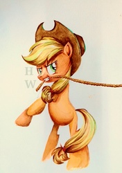 Size: 1539x2182 | Tagged: source needed, safe, artist:hu乘云, applejack, earth pony, pony, g4, bipedal, cowboy, cowboy hat, female, hat, mouth hold, pulling, rope, solo
