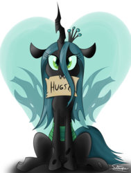 Size: 1080x1425 | Tagged: safe, artist:sadtrooper, queen chrysalis, changeling, changeling queen, g4, bronybait, crown, cute, cutealis, eye clipping through hair, female, heart, hug request, hugs 4 bugs, hugs?, jewelry, looking at you, mouth hold, quadrupedal, regalia, signature, sitting, solo, spread wings, wings