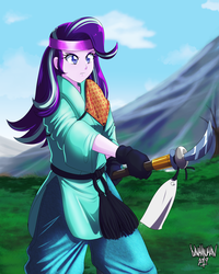 Size: 3200x4000 | Tagged: safe, artist:danmakuman, starlight glimmer, human, equestria girls, g4, clothes, commission, female, headband, high res, martial arts, naginata, outdoors, solo, spear, weapon