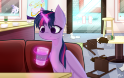 Size: 7846x5000 | Tagged: safe, artist:those kids in the corner, starlight glimmer, twilight sparkle, alicorn, pony, g4, absurd resolution, alicornified, blast, booth, brick wall, chair, chaos, coffee, coffee shop, duo, female, fight, glowing horn, horn, levitation, magic, magic blast, mare, offscreen character, paper, race swap, smiling, spilled drink, starlicorn, stool, table, telekinesis, twilight sparkle (alicorn), wallpaper, wings
