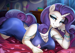 Size: 2600x1838 | Tagged: safe, artist:fidzfox, rarity, unicorn, anthro, armpits, beautisexy, bed, bedroom, bedroom eyes, big breasts, blue dress, breasts, busty rarity, cleavage, clothes, dress, female, hand on cheek, jewelry, lidded eyes, looking at you, mare, petals, seductive, sexy, smiling, smiling at you, smirk, solo, stupid sexy rarity