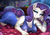 Size: 2600x1838 | Tagged: safe, artist:fidzfox, rarity, unicorn, anthro, g4, armpits, beautisexy, bed, bedroom, bedroom eyes, big breasts, blue dress, breasts, busty rarity, cleavage, clothes, dress, female, hand on cheek, jewelry, lidded eyes, looking at you, mare, petals, seductive, sexy, smiling, smiling at you, smirk, solo, stupid sexy rarity