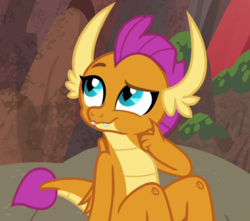 Size: 813x720 | Tagged: safe, screencap, smolder, dragon, g4, sweet and smoky, claws, cropped, cute, dragoness, fangs, female, folded wings, horns, looking up, raised eyebrow, sitting, smolderbetes, solo, teenaged dragon, teenager, thinking, wings