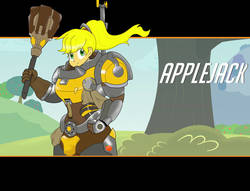 Size: 1022x782 | Tagged: safe, artist:matchstickman, applejack, human, g4, armor, brigitte, crossover, humanized, looking at you, overwatch, tree