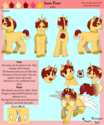 Size: 3406x4088 | Tagged: safe, artist:69beas, oc, oc only, oc:jessie feuer, alicorn, pony, unicorn, alicorn oc, collar, colored hooves, colored wings, cupcake, digital art, fangs, female, food, jewelry, lidded eyes, looking at you, mare, open mouth, reference sheet, regalia, smiling, solo, spread wings, text, tomato, wings