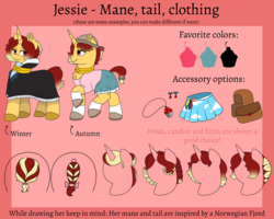 Size: 4088x3270 | Tagged: safe, artist:69beas, oc, oc only, oc:jessie feuer, pony, unicorn, accessory, clothes, coat, collar, colored hooves, digital art, ear piercing, earring, female, hairstyle swap, hat, jewelry, lidded eyes, mare, miniskirt, piercing, pleated skirt, raised hoof, reference sheet, saddle bag, shoes, skirt, socks, solo, text