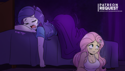 Size: 2000x1125 | Tagged: safe, artist:joaoppereiraus, fluttershy, rarity, equestria girls, g4, bed, breasts, busty fluttershy, clothes, female, rearity, sleeping, snoring