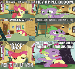 Size: 639x590 | Tagged: safe, edit, edited screencap, editor:undeadponysoldier, screencap, apple bloom, spike, dragon, comic:the start of a new friendship, g4, bow, caption, clubhouse, comforting, comic, crusaders clubhouse, crusadespike, crying, cute, cutie mark, daaaaaaaaaaaw, day, emotional, eyes closed, female, filly, heartwarming, hug, image macro, implied mane six, implied scootaloo, implied sweetie belle, kicked out, ladder, lantern, male, poor spike, sad, screencap comic, ship:spikebloom, shipping, spikelove, straight, table, tail hold, tail hug, text, the cmc's cutie marks, tree, window, wrong aspect ratio