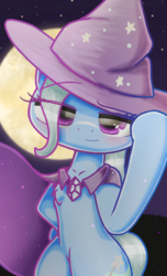 Size: 720x1184 | Tagged: safe, artist:phoenixrk49, trixie, pony, g4, bipedal, black background, cape, clothes, cute, diatrixes, eye clipping through hair, female, hat, looking at you, mare, moon, simple background, smiling, solo, trixie's cape, trixie's hat