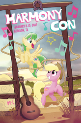 Size: 755x1147 | Tagged: safe, artist:tonyfleecs, oc, earth pony, pegasus, pony, convention, cowboy hat, duo, female, flying, guitar, harmonycon, harmonycon 2019, hat, lasso, male, mare, rope, stallion