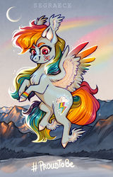 Size: 1280x1994 | Tagged: safe, artist:segraece, rainbow dash, pegasus, pony, g4, beautiful, bedroom eyes, bracelet, color porn, comparison, crescent moon, draw this again, female, gay pride, gay pride flag, jewelry, lake, lesbian, looking down, male, mare, moon, mountain, pink eyes, pride, pride flag, pride month, redraw, sky, smiling, smirk, solo, wings