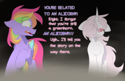 Size: 1214x789 | Tagged: safe, artist:scarletverse, artist:taaffeiite, derpibooru exclusive, oc, oc only, oc:aurora borealis, oc:scarlet starlight, pegasus, pony, unicorn, comic:once upon a time, colored wings, colored wingtips, curved horn, dialogue, female, horn, mare, parent:cyberia starlight, parent:sakura starlight, simple background, text, wings