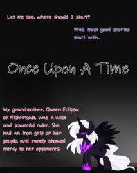 Size: 3500x4412 | Tagged: safe, artist:scarletverse, artist:taaffeiite, derpibooru exclusive, oc, oc only, oc:aurora borealis, oc:eclipsa, oc:scarlet starlight, alicorn, pony, comic:once upon a time, alicorn oc, blank eyes, curved horn, dialogue, ethereal mane, female, horn, jewelry, mare, regalia, simple background, sparkles, spread wings, storytelling, text, wings
