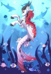 Size: 2077x3024 | Tagged: safe, artist:airiniblock, oc, oc only, oc:yakeishi, dolphin, fish, hippocampus, hybrid, jellyfish, merpony, seapony (g4), rcf community, bubble, commission, coral, crepuscular rays, dorsal fin, fin, fins, fish tail, flowing mane, flowing tail, folded wings, high res, looking at you, male, ocean, scales, seaweed, smiling, solo, stallion, sunlight, swimming, tail, underwater, water, wings