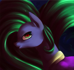Size: 1028x975 | Tagged: safe, artist:voidsucre, mane-iac, pony, g4, abstract background, clothes, costume, female, looking at you, mare, profile, solo