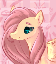 Size: 1020x1163 | Tagged: safe, artist:voidsucre, fluttershy, pegasus, pony, g4, abstract background, beautiful, female, hair over one eye, lidded eyes, mare, smiling, solo