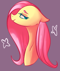 Size: 721x859 | Tagged: safe, artist:voidsucre, fluttershy, pony, g4, female, floppy ears, lidded eyes, looking back, mare, profile, purple background, simple background, smiling, solo