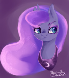 Size: 1280x1445 | Tagged: safe, artist:voidsucre, princess luna, pony, g4, abstract background, bust, ethereal mane, eyeshadow, female, looking sideways, makeup, mare, missing accessory, peytral, solo, starry mane