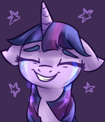Size: 574x664 | Tagged: safe, artist:voidsucre, twilight sparkle, pony, g4, bust, crying, eyes closed, female, floppy ears, mare, purple background, simple background, smiling, solo, sparkles, stars, tears of joy