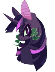 Size: 1280x1658 | Tagged: safe, artist:voidsucre, twilight sparkle, pony, g4, alternate color palette, bust, corrupted twilight sparkle, curved horn, female, horn, looking at you, mare, simple background, solo, sombra eyes, transparent background