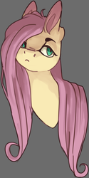 Size: 490x982 | Tagged: safe, artist:voidsucre, fluttershy, pony, g4, bust, female, frown, gray background, hair over one eye, lidded eyes, long hair, mare, simple background, solo