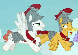Size: 834x592 | Tagged: safe, screencap, albus, flash magnus, iron eagle, pegasus, pony, campfire tales, g4, armor, flying, helmet, hoof shoes, hooves, imminent gay, male, smiling, stallion, wings