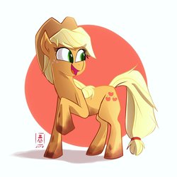 Size: 2048x2048 | Tagged: safe, artist:wildetrashbag, applejack, earth pony, pony, g4, dirty hooves, female, hat, high res, looking back, mare, open mouth, raised hoof, smiling, solo