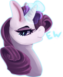 Size: 546x671 | Tagged: safe, artist:voidsucre, rarity, pony, unicorn, g4, big ears, bust, ew, female, glowing horn, horn, lidded eyes, looking at you, mare, simple background, smiling, solo, text, transparent background