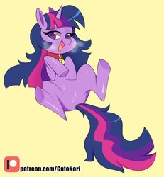 Size: 1111x1200 | Tagged: safe, artist:norithecat, twilight sparkle, pony, unicorn, g4, bedroom eyes, collar, digital, disheveled, dog collar, drops, female, looking at you, open mouth, patreon, patreon logo, pet tag, pony pet, solo, sweat