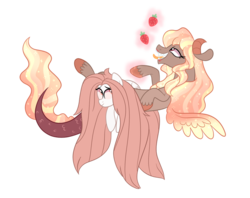 Size: 1024x812 | Tagged: safe, artist:ashidaii, oc, oc only, oc:posey, oc:solstice, draconequus, hybrid, pegasus, pony, female, food, interspecies offspring, lesbian, magic, mare, offspring, offspring shipping, parent:bulk biceps, parent:discord, parent:fluttershy, parent:princess celestia, parents:dislestia, parents:flutterbulk, simple background, strawberry, transparent background