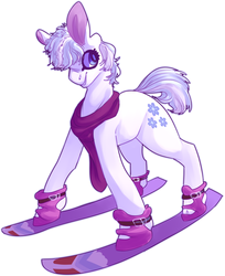 Size: 1139x1399 | Tagged: safe, artist:voidsucre, double diamond, earth pony, pony, g4, big ears, clothes, hair over one eye, looking sideways, male, scarf, simple background, skis, smiling, solo, stallion, white background