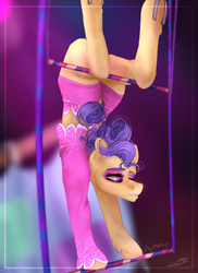 Size: 679x933 | Tagged: safe, artist:copshop, trapeze star, earth pony, pony, g4, clothes, eyeshadow, female, horseshoes, leotard, makeup, mare, solo, trapeze, underhoof