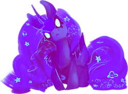 Size: 1052x773 | Tagged: safe, artist:voidsucre, princess luna, alicorn, pony, g4, ethereal mane, eye clipping through hair, female, frown, glowing eyes, head tilt, mare, missing accessory, peytral, prone, simple background, solo, starry mane, transparent background