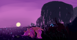 Size: 1280x670 | Tagged: safe, artist:voidsucre, fluttershy, pegasus, pony, g4, cattails, drinking, female, lilypad, mare, moon, night, pond, reeds, solo, tree, water, weeping willow