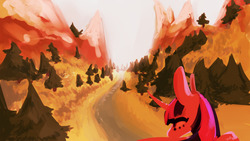 Size: 1280x720 | Tagged: safe, artist:voidsucre, twilight sparkle, pony, g4, curved horn, female, horn, mare, mountain, road, scenery, solo, tree, valley