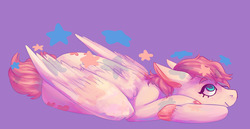 Size: 1280x659 | Tagged: safe, artist:voidsucre, fluttershy, pegasus, pony, g4, alternate hairstyle, cloven hooves, commission, female, floppy ears, looking up, mare, prone, purple background, short hair, simple background, smiling, solo, stars