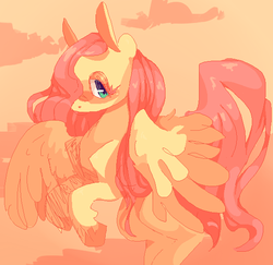 Size: 571x554 | Tagged: safe, artist:voidsucre, fluttershy, pegasus, pony, g4, abstract background, blush sticker, blushing, female, flying, hair over one eye, looking at you, mare, pixel art, solo