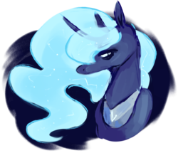 Size: 698x599 | Tagged: safe, artist:voidsucre, princess luna, alicorn, pony, g4, alternate color palette, bust, constellation, constellation hair, curved horn, ethereal mane, female, horn, jewelry, mare, peytral, regalia, simple background, solo, starry mane, transparent background