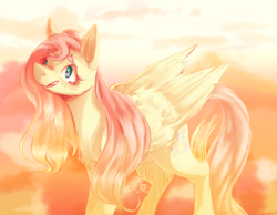 Size: 1280x991 | Tagged: safe, artist:voidsucre, fluttershy, pegasus, pony, g4, abstract background, female, looking up, mare, open mouth, solo, stray strand
