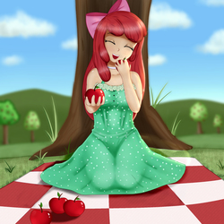 Size: 2000x2000 | Tagged: safe, artist:focusb, apple bloom, human, g4, adorabloom, apple, clothes, cute, dress, eyes closed, female, food, fruit, green dress, high res, humanized, open mouth, panty line, picnic, picnic blanket, picnic dress, see-through, solo, spring, spring dress, summer, summer dress, sundress