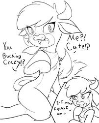 Size: 1536x1903 | Tagged: safe, artist:steelsoul, arizona (tfh), cow, them's fightin' herds, aritsuna, arizonadorable, blushing, comic, community related, cute, dialogue, i'm not cute, looking away, monochrome, tsundere, wide eyes