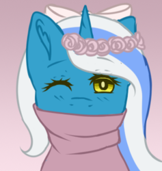 Size: 293x309 | Tagged: safe, artist:seaofechoes, oc, oc only, oc:fleurbelle, alicorn, pony, unicorn, alicorn oc, bow, clothes, female, floral head wreath, flower, hair bow, mare, one eye closed, sweater, wink, yellow eyes