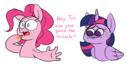 Size: 1446x751 | Tagged: safe, artist:taaffeiite, derpibooru exclusive, pinkie pie, twilight sparkle, alicorn, earth pony, pony, g4, bust, chips, dialogue, duo, eating, fear, female, food, hoof fingers, mare, pinkie being pinkie, portrait, simple background, suddenly hands, sweat, sweating profusely, text, twilight sparkle (alicorn), white background, white pupils