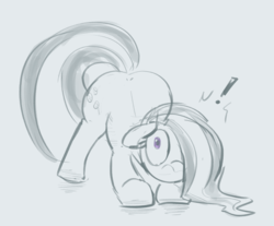Size: 956x792 | Tagged: safe, artist:comfyplum, marble pie, earth pony, pony, g4, :s, butt, embarrassed, exclamation point, face down ass up, female, hair over one eye, large butt, mare, partial color, plot, sketch, solo, wavy mouth
