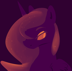 Size: 816x796 | Tagged: safe, artist:voidsucre, edit, princess luna, alicorn, pony, g4, cropped, ethereal mane, eyeshadow, female, hair over one eye, lidded eyes, limited palette, looking back, makeup, mare, purple background, request, simple background, solo, starry mane