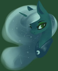 Size: 918x1116 | Tagged: safe, artist:voidsucre, edit, princess luna, pony, g4, bust, constellation, constellation hair, cropped, ethereal mane, female, green background, limited palette, looking at you, mare, missing accessory, peytral, request, simple background, solo, starry mane