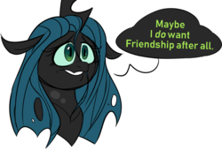 Size: 1143x775 | Tagged: safe, artist:taaffeiite, derpibooru exclusive, queen chrysalis, changeling, changeling queen, g4, bust, colored sclera, dialogue, female, floppy ears, realization, simple background, speech bubble, text, transparent background